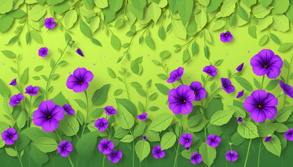 green wall of plants and leaves with purple petunia flowers in spring - horizontal floral background for a banner or a wallpaper, flat papercut style. White tone