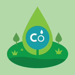 Green Drop Symbol with C O2 and Trees on Hill carbon dioxide
