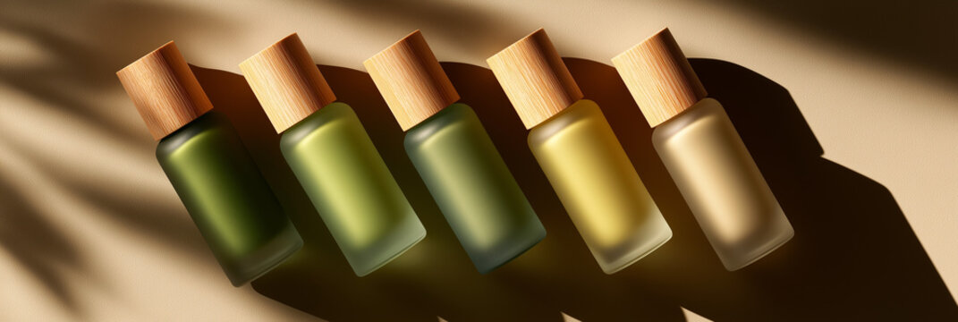 minimalist skincare bottles arranged diagonally, gradient from olive to beige