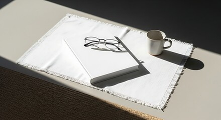 Minimalist Workspace Still Life with Coffee, Glasses, and Notebook.