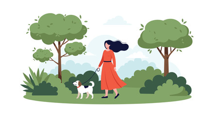 A woman and her dog enjoy a leisurely walk through a lush green park on a beautiful day, surrounded by trees and bushes.