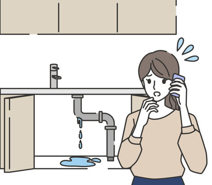 Woman Calling for Help about Kitchen Sink Water Leak – Plumbing Problem Illustration