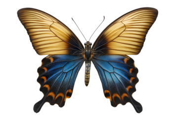 Colorful butterfly with yellow and blue wings isolated on transparent background