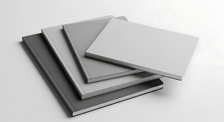 Stack of gray and white books on a white surface.