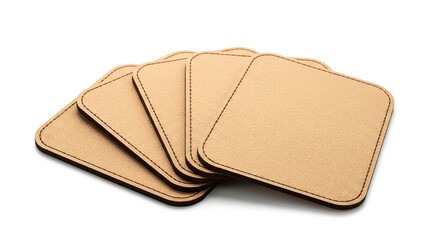 Stack of Square Leather Coasters on White Background.
