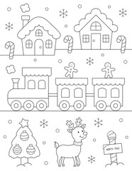 letter paper size (8.5x 11 inches) easy christmas coloring pages for adults. fun black and white design with a cute reindeer, train and houses.