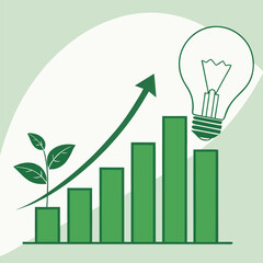 Growing plant and upward trending bar chart with light bulb