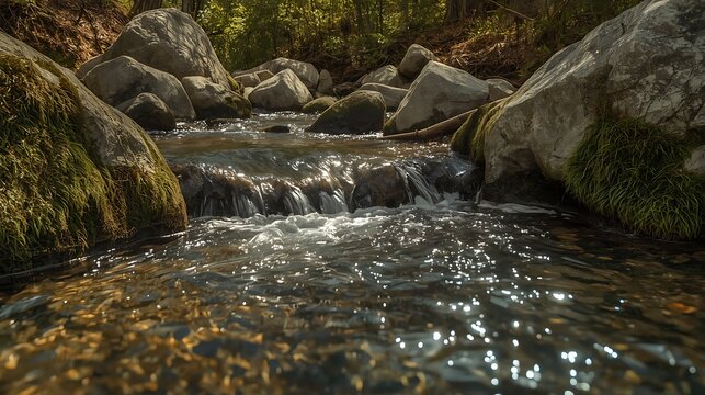 serene clear stream flowing between moss-covered rocks