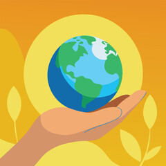 Hand Cupping Planet Earth with Yellow and Orange Background Keywords: hand, cupping, planet
