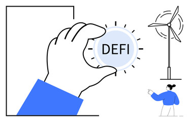 Hand gripping DEFI token expressing digital finance. Wind turbine symbolizes sustainable energy. Female character promoting new ideas. Ideal for blockchain, finance, innovation, clean energy