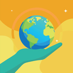 Hand Holding Planet Earth with Orange Sky Background Keywords: hand, holding, planet earth