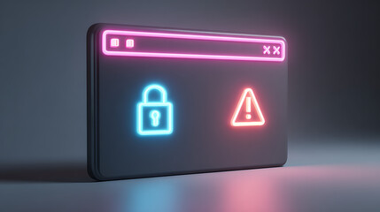 Cybersecurity concept with neon padlock and alert symbols, modern digital protection, network security, warning sign, internet safety, digital threat awareness