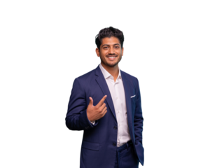 Confident young businessman pointing aside with a warm smile