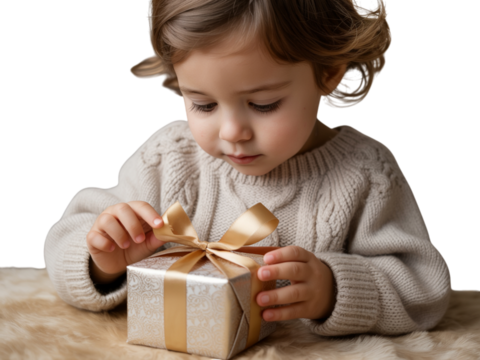 Little girl opening a gift box with golden ribbon isolated on transparent background