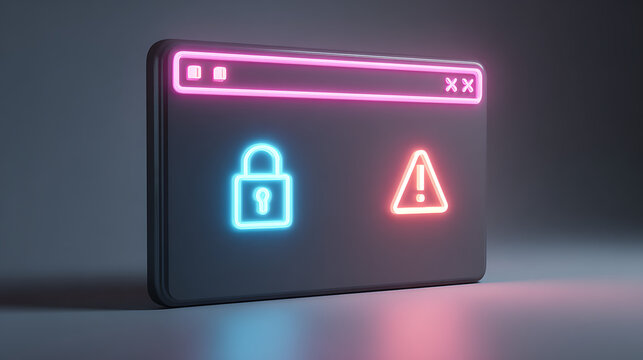 Cybersecurity concept with neon padlock and alert symbols, modern digital protection, network security, warning sign, internet safety, digital threat awareness