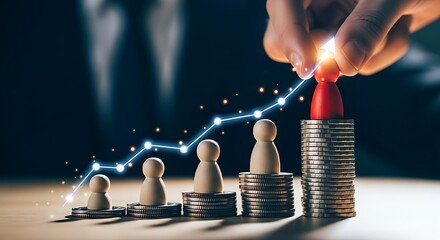 Hand placing red pawn on top of stack of coins with upward trend line