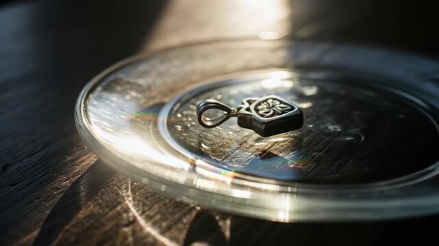 Elegant Pendant on Glass Plate: Sunlight, Reflection, and Detail
