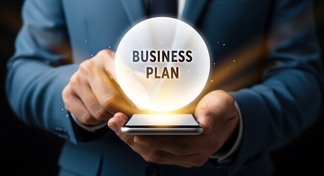 A business plan is displayed on a phone held by a man in a suit