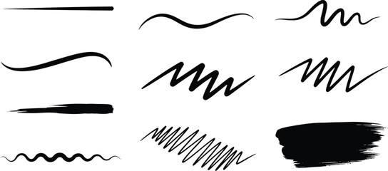 Assorted Black Brush Strokes & Lines Collection on Transparent Background Design