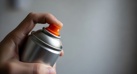 Hand holding a spray can with orange nozzle against a white background