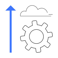 Blue arrow pointing upward beside a gear and cloud. Ideal for growth, technology, innovation, progress, cloud, development, success. Simple flat metaphor
