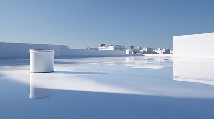 White Paint Can Mockup on Minimalist Rooftop with Blue Sky, Generative AI