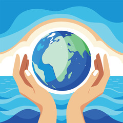 Hands holding planet Earth above ocean waves and rainbow