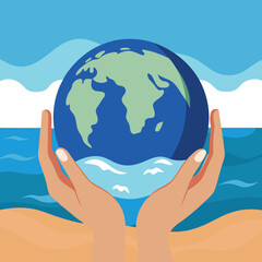 Hands holding the Earth above a beach and ocean globe