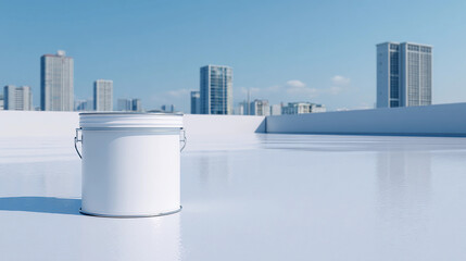 Pristine Blank White Paint Can Mockup on Reflective Surface with City Skyline View, Generative AI