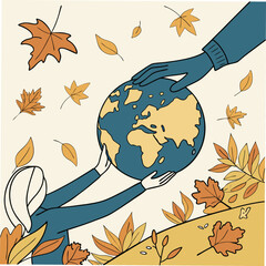 Hands passing the Earth with falling autumn leaves