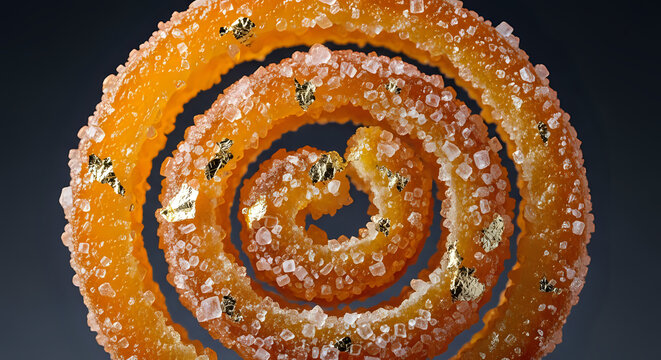 Indulge in this vibrant, golden jalebi spiral adorned with sugar crystals and edible gold leaf, a delicious treat perfect for dessert menus and festive events