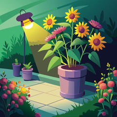 Illuminated Garden Patio With Potted Flowers At Night