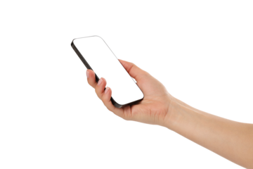 Hand holding a blank smartphone with a white screen, isolated, PNG