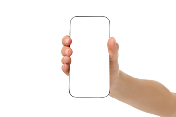Hand holding a blank smartphone mockup, isolated, PNG