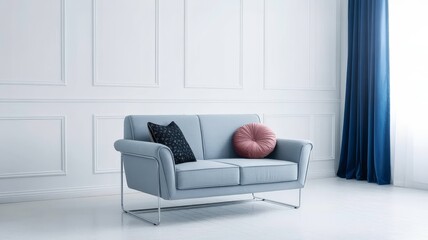 Elegant light blue sofa anchors a clean modern living space. White paneled walls, dark patterned throw pillow, and a soft pink round cushion create calm, stylish comfort with natural daylight.