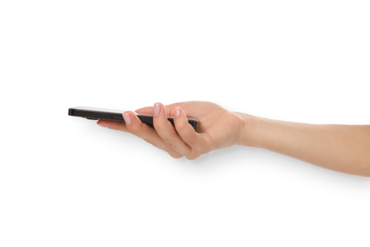Hand holding a smartphone on a white background, isolated, PNG