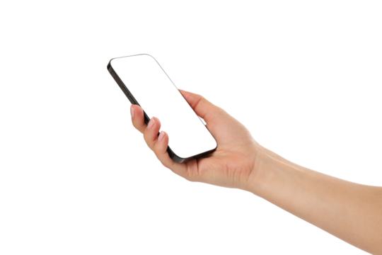 Hand holding a blank smartphone with a white screen, isolated, PNG
