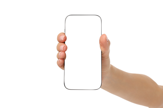 Hand holding a blank smartphone mockup, isolated, PNG