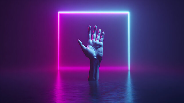 Striking modern scene with outstretched hand reaching towards a neon square, offering a futuristic connection in a vibrant, digital landscape