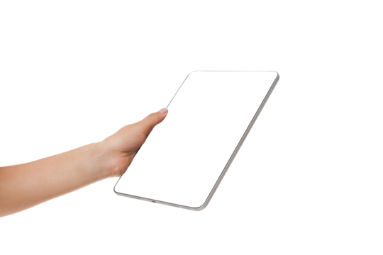 Person with a blank tablet in a neutral space, isolated, PNG