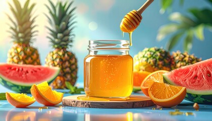 Honey jar with fruit slices on sunny wooden surface