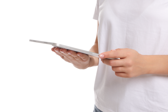 Person using a tablet in a minimal space, isolated, PNG - Powered by Adobe