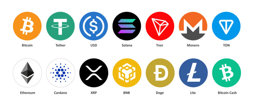 Cryptocurrency Icons Collection Vector. Bitcoin, Ethereum, Solana, BNB, Dogecoin, Tether Logos