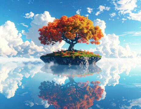 Autumn tree floats above water with sky reflection