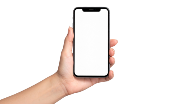 Hand Holding Modern Smartphone with Blank White Screen Isolated Mockup