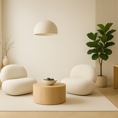 Modern Minimalist Living Room with Organic Shapes and Neutral Tones – Scandinavian Interior Featuring Curved Lounge Chairs, Wooden Coffee Table, Indoor Plant, and Soft Ambient Lighting