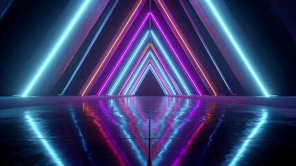Naklejka premium Vibrant neon glow illuminates a modern architectural space, perfect for futuristic concepts and creative designs with a sleek, dynamic atmosphere