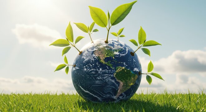 Vibrant green shoots sprout from a glowing Earth, symbolizing growth and renewal against a backdrop of a bright, hopeful sky and lush grass, representing a sustainable future.