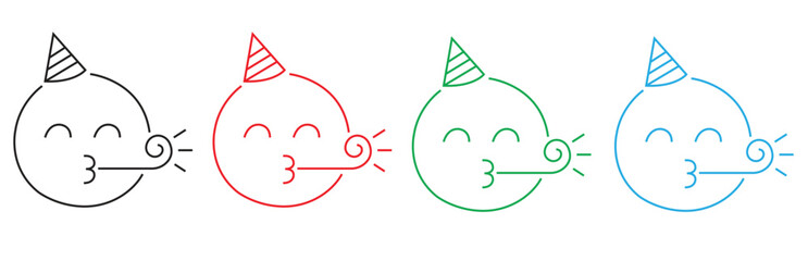 Collection of four simple line art cartoon faces wearing party hats and blowing party horns