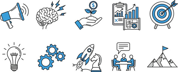 Business Strategy Doodle Line Icons Set on White Background, Planning Concept, Goals